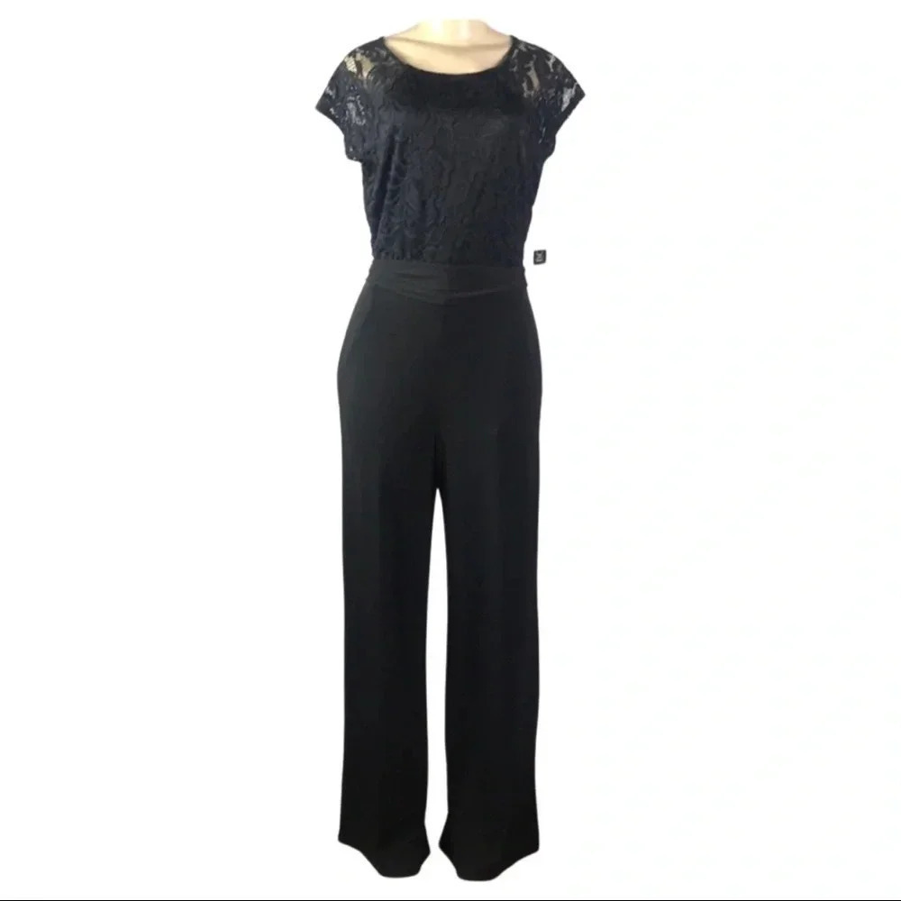 BCX Size 11 Black Wide Leg Lace Top One Piece Waist Tie Pantsuit. New With Tags